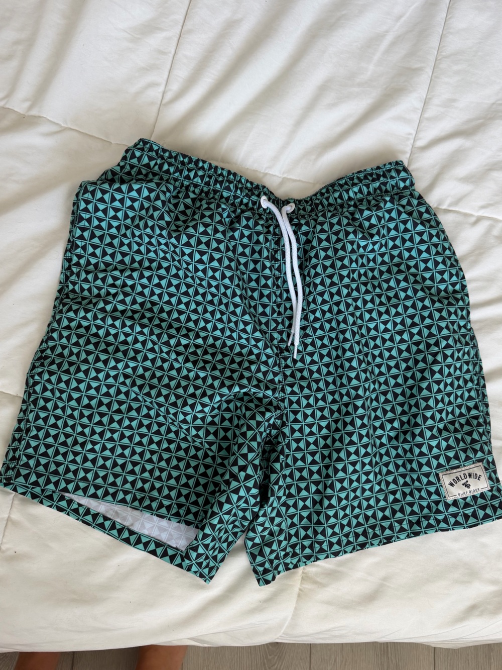 SHEIN Teal and Black Geometric Swim Shorts with Drawstring